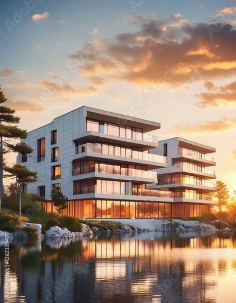 Fototapeta modern, house, residential, exterior, design, home, energy, fashionable, blueprint, buying, downtown, driveway, dusk, eco, engineering, finance, loan, management, simplicity, site, trendy, twilight,