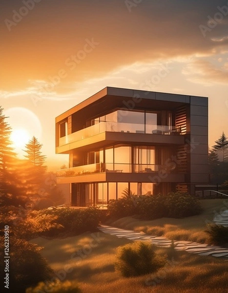 Fototapeta house, modern, luxury, design, home, exterior, wealth, development, elegant, model, mortgage, three-dimensional, suburban, buying, custom, dwelling, financial, idyllic, landscaping, loan, luxurious,