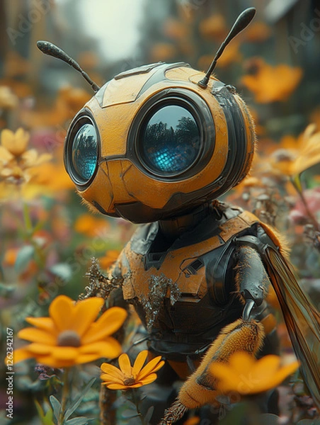 Fototapeta Cute robot pollinators shaped like bees, working in a futuristic greenhouse, holographic flower interfaces, 8k realism