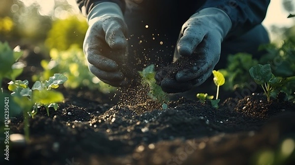 Fototapeta A close-up of a gardener’s gloved hands sprinkling organic fertilizer into freshly tilled soil, preparing it for planting, the air filled with the rich scent of earth and growth. --ar 16:9