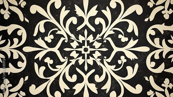 Fototapeta Intricate Floral Pattern with Dark Background Featuring Elegant Leaves and Swirls in a Symmetrical Design for Home Decor and Textile Applications
