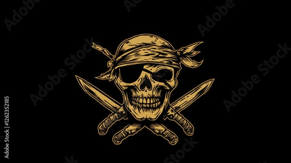 Fototapeta Caribbean pirates icon with skull and crossed sabers. Vector emblem with jolly roger in eye patch and bandana. Filibusters toothy sailor skeleton head, isolated vintage label, graphic design element