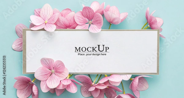 Fototapeta Mockup concept with a focus on a white, rectangular-shaped placeholder for a design, surrounded by delicate spring pink flowers.