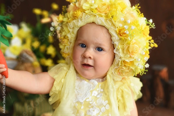Obraz Portrait of a little girl in a yellow suit. Girl 7 months old sitting. Little child in a hat made of flowers. Little child holding a carrot in his hands