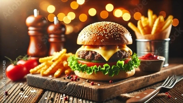 Fototapeta Gourmet beef burger with melted cheese, fresh lettuce, and crispy fries on a rustic wooden table.