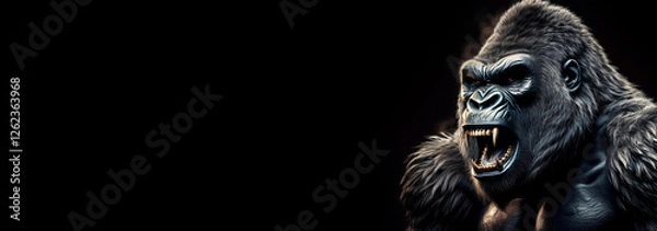 Fototapeta Portrait of a large silverback gorilla or mountain gorilla while roaring looking at camera, isolated on a black background with copy space. Angry powerful animal roaring showing teeth. Generative Ai.