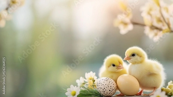 Fototapeta Three adorable yellow chicks nestle sweetly among colorful Easter eggs and blooming spring flowers. This lively display captures the joy of Easter celebrations in a vibrant blurred backdrop