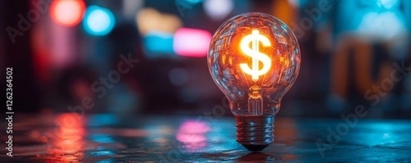Fototapeta Illuminated light bulb with glowing dollar sign filament concept symbolizing bright financial ideas, innovation in business, and investment strategy against a blurred graffiti, Generative AI