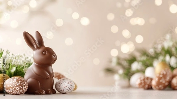 Obraz Close up of a chocolate bunny for Easter surrounded by colorful eggs and spring flowers set on a rustic table with a blurred light background creating a festive atmosphere