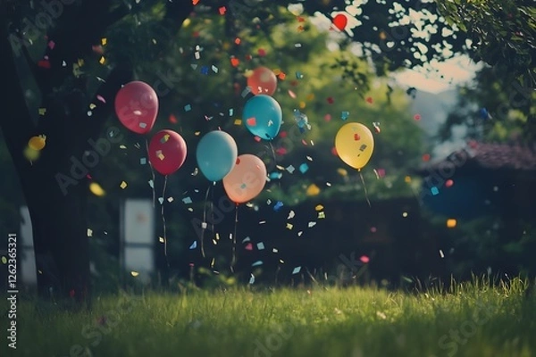 Fototapeta Colorful balloons float near a tree in a grassy area, confetti falling.