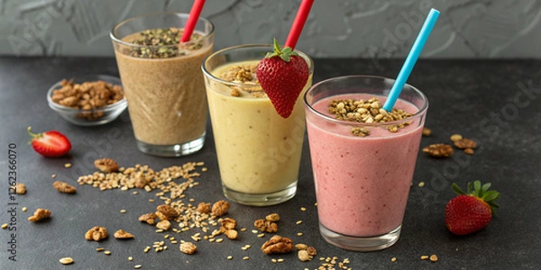 Fototapeta Delicious trio of nutritious milkshakes with strawberries, bananas, and granola toppings, served in transparent glasses with colorful straws