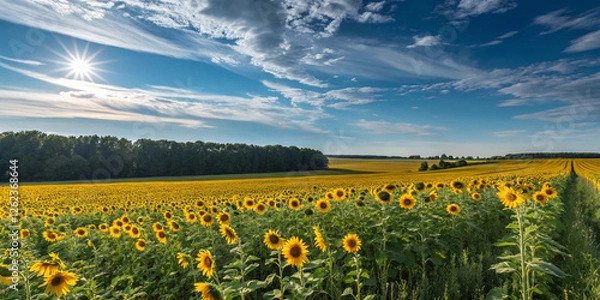 Fototapeta  Endless field of bright yellow sunflowers basking in the sunlight under a stunning sky, creating a mesmerizing floral landscape