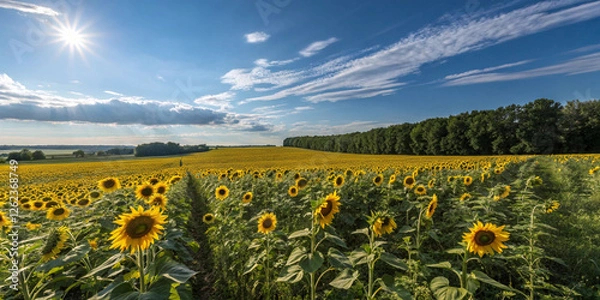 Fototapeta Expansive field of bright yellow sunflowers stretching to the horizon under a vibrant blue sky with scattered clouds, creating a breathtaking view