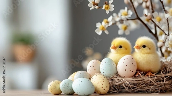 Fototapeta Three cute small yellow chicks sit among pastel Easter eggs and spring flowers creating a delightful atmosphere for Easter celebrations in a soft blurred background
