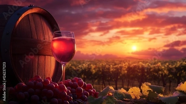 Obraz Sunset over vineyard with glass of wine and wooden barrel at harvest time