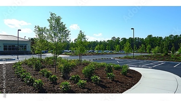 Obraz A well designed parking lot with clearly visible entry and exit lanes surrounded by well maintained landscaping and lush greenery