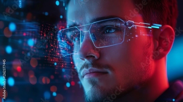 Obraz Young man wearing futuristic glasses analyzes digital data in a high-tech environment at night