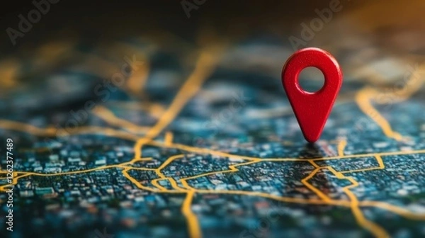 Obraz Red location marker placed on a detailed map demonstrating navigation and travel planning