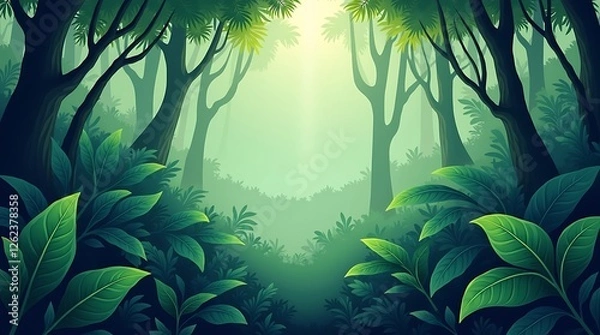 Fototapeta Misty Green Forest: A Serene Jungle Illustration