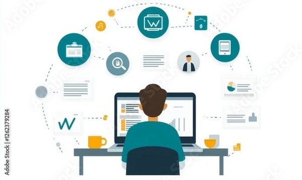 Fototapeta Professional using laptop to access benefits & employee services dashboard, icons representing human resources, insurance, payroll, retirement plans &, Generative AI