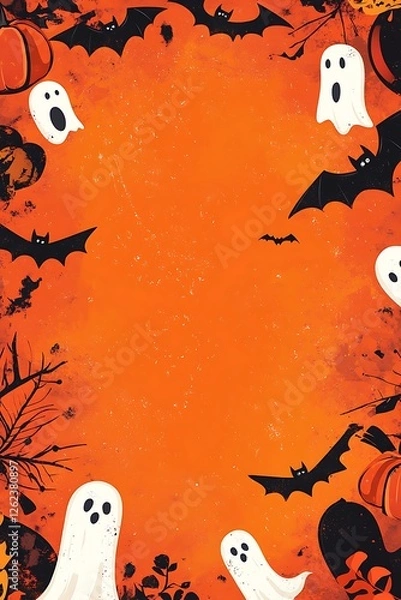 Fototapeta a whimsical halloween illustration with playful ghosts- silhouetted bats- and autumnal leaves framing a vibrant orange backdrop- perfect for festive invitations or seasonal designs