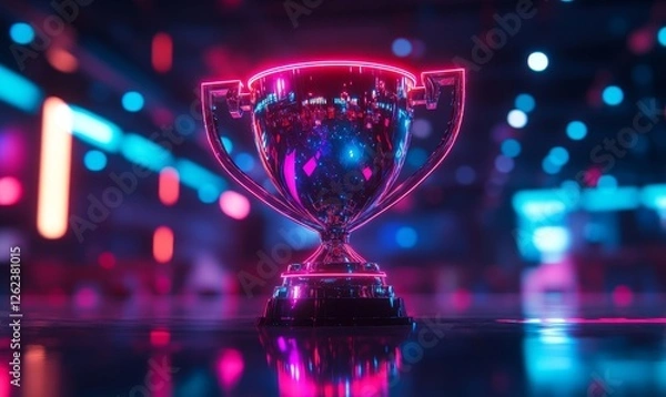 Fototapeta Futuristic neon-lit trophy cup center stage with dynamic lighting in an e-sports arena, symbolizing victory, achievement, and competitive excellence, Generative AI