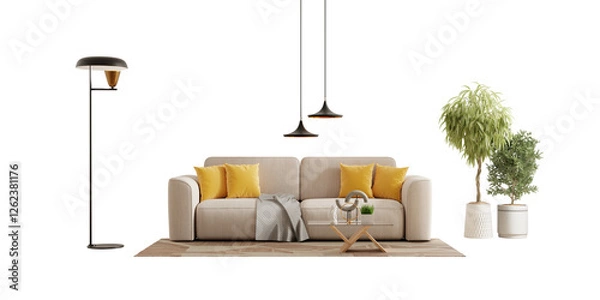Obraz Front view sofa and plant in a living room on transparent background- 3D rendering