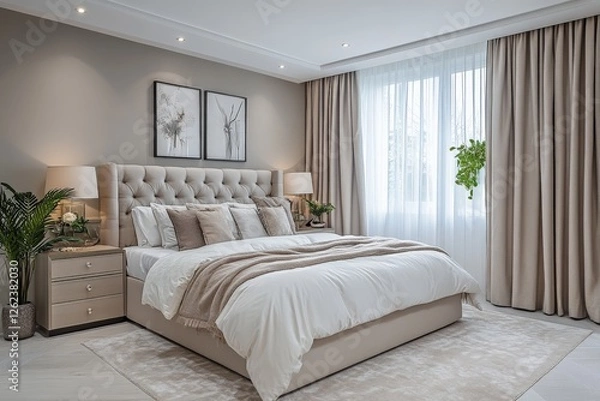 Fototapeta Elegant and modern bedroom interior design featuring soft linens and natural light from a large window
