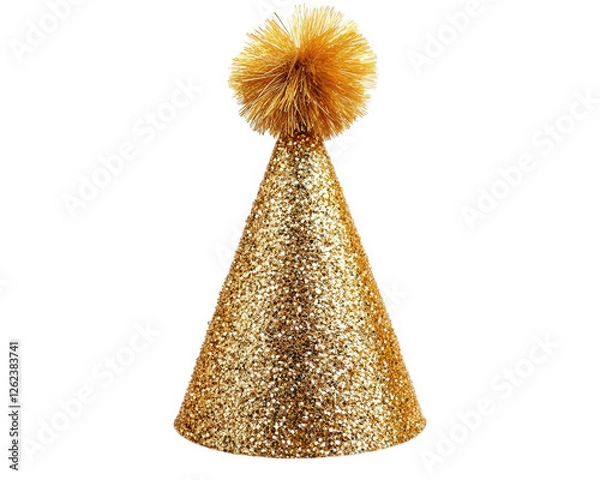 Fototapeta glittery gold party hat with fluffy pom pom on top, perfect for celebrations and festive occasions. This eye catching accessory adds fun touch to any party atmosphere