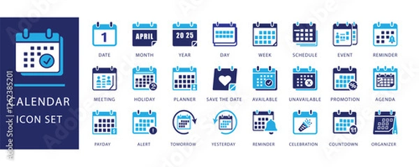 Fototapeta calendar icon set, modern icons in blue and dark tones. Includes date, month, year, schedule, meeting, planner, reminder, event, holiday, alert, payday, available, unavailable,marketplaces.