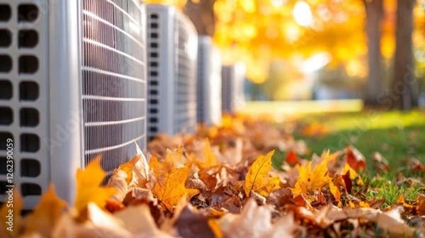 Fototapeta Air conditioning units lined along a pathway covered with autumn leaves in a residential area during fall