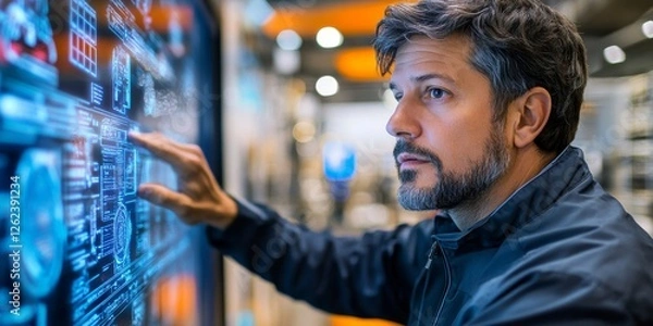 Fototapeta Manufacturing Executive Engages in Original Equipment Manufacturer (OEM) Strategic Sourcing and Production Through Interactive Display, Generative AI