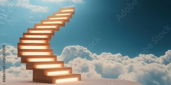 Fototapeta Leadership development strategy goal-setting concept. Illuminated staircase ascending through clouds under a blue sky.