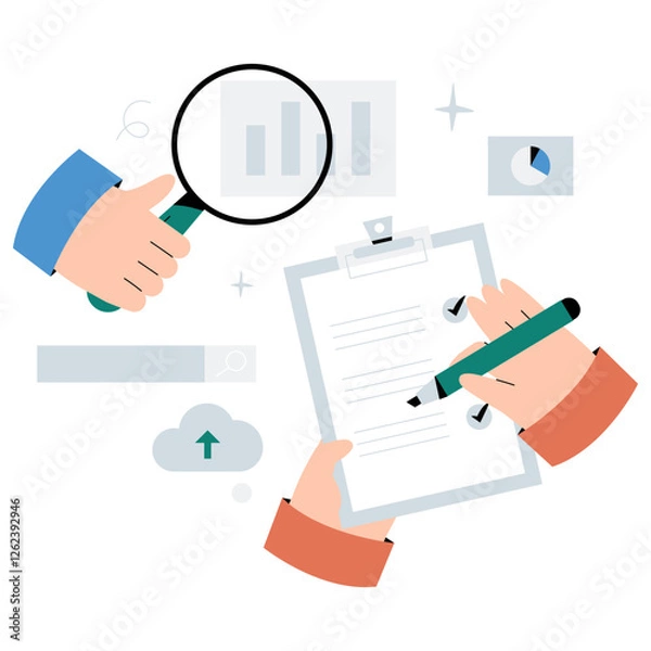 Fototapeta Hands Conducting Research And Analysis With Clipboard And Magnifying Glass. Flat Vector Illustration About Data Review, Business Strategy, And Decision Making, Isolated On White Background.