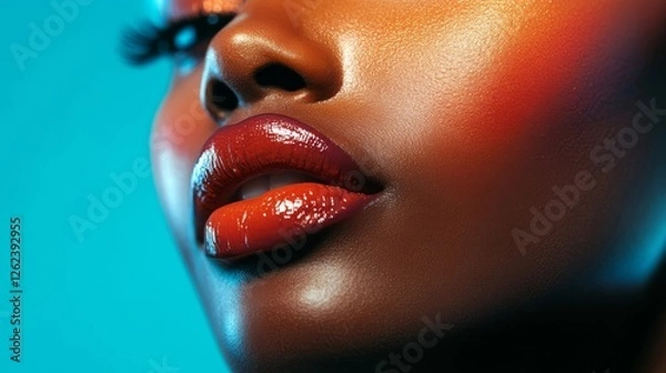 Fototapeta Close-up of smooth dark skin featuring glossy lips with bright orange lipstick against a blue background