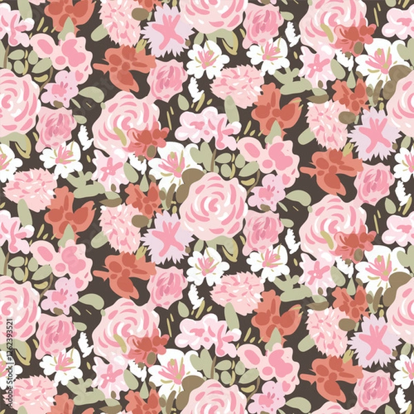 Fototapeta Seamless pattern with spring rose and peony flowers and leaves. Hand drawn background. floral pattern for wallpaper or fabric. Flower rose, vector illustration