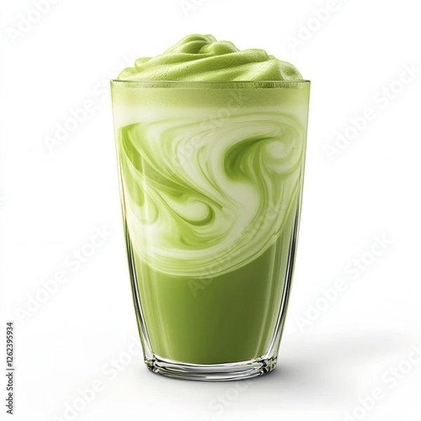 Fototapeta Iced matcha latte with creamy topping in elegant glass