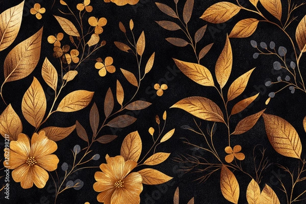 Fototapeta Elegant pattern with the image of golden leaves and flowers on a dark background for textiles, textures, patterns