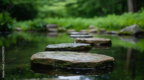 Fototapeta Floating stones serene path across tranquil pond in lush gardens inspire zen like calm and mindfulness, promoting sense of peace