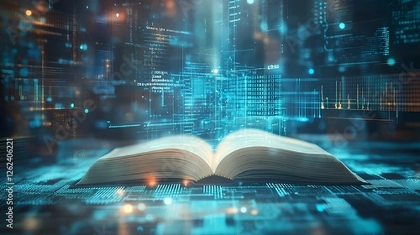Obraz Glowing page of the open book with digital data theme background, symbolizing effective learning on modern times. 