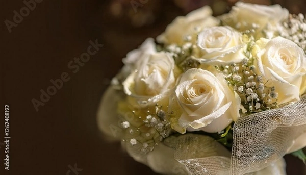 Fototapeta Exquisite bouquet of delicate white roses adorned with intricate lace patterns in soft lighting