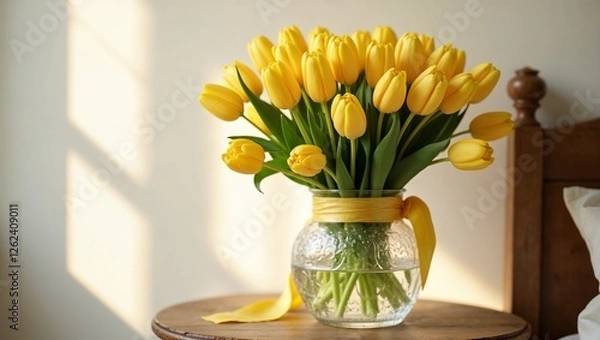 Obraz Bright Yellow Tulip Bouquet in Ornate Crystal Vase, Soft Natural Light, Rustic Elegance