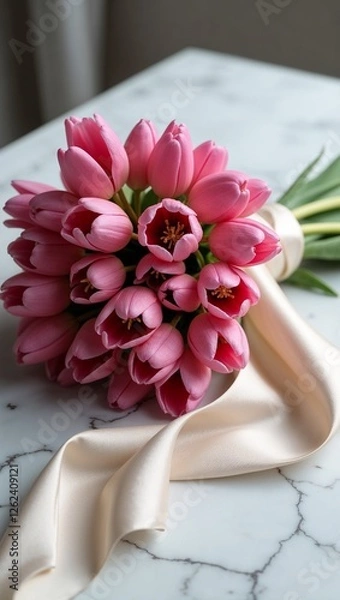 Obraz Elegant bouquet of pink tulips, wrapped in ivory silk ribbon, on polished gray marble countertop