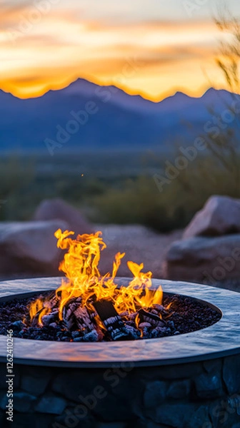 Fototapeta Close-up of a fire pit with flames and mountains in the background at sunset
