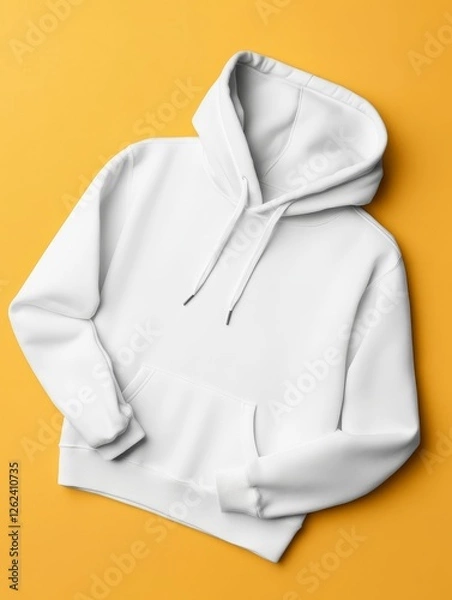 Fototapeta White hoodie displayed on a vibrant yellow background, showcasing its design and texture for fashion promotion