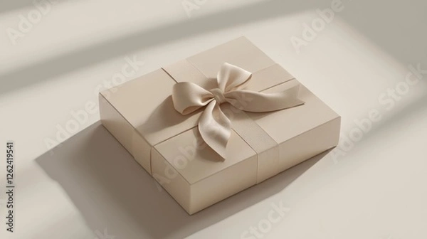 Obraz Simple and elegant gift box wrapped with cream ribbon on light background