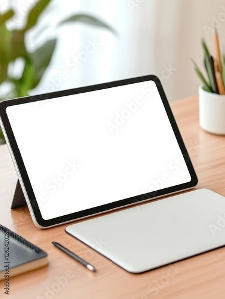 Fototapeta Modern workspace featuring a blank tablet on a wooden desk with stationery and plants in the background