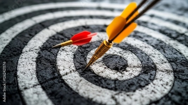 Obraz Two darts hit a dartboard with one narrowly missing the bullseye in a competitive setting