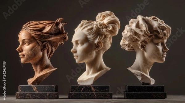 Obraz Elegant sculptures of three distinct female busts showcasing varied hairstyles and expressive features in a minimalist setting