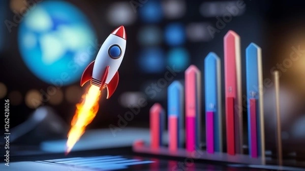 Obraz Rocket launches indicating business growth with colorful charts in the background
